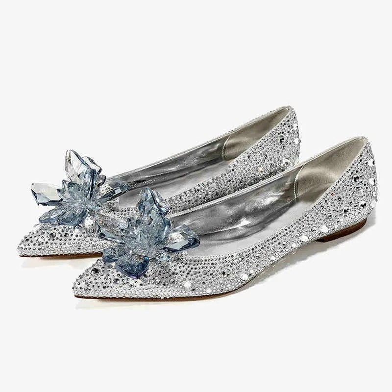 

2021 New Summer Silver Crystal High Heels Female Stiletto Princess Pointed Temperament Goddess Fan Wedding Shoes Bridal Shoes