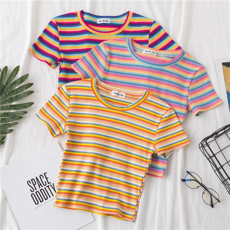 

New T Shirt Women Rainbow Striped Tops Slim Fit t shirt Harajuku Tshirt Summer Short Sleeve Korean T-shirt feminina Clothes Tops