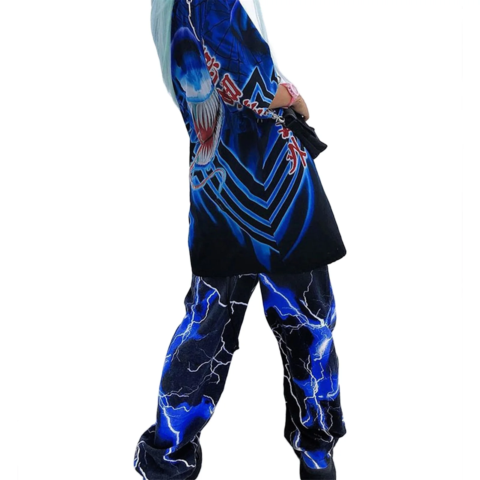 

Hot Women Pants Hip-hop Pants Lightning Print High Waist button zipper front style Straight-leg Trousers Pockets lady long Pants