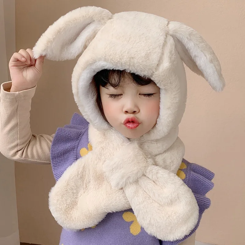 

Children's Plush Thick Warm Ear Protection Cute Rabbit Ears Hat Scarf Set Autumn Winter Boys Girls Cold Plush All-In-One Cap