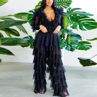 sexy black jumpsuits and rompers for women autumn new long sleeve mesh patchwork v neck ruffles evening night club jumpsuits hot
