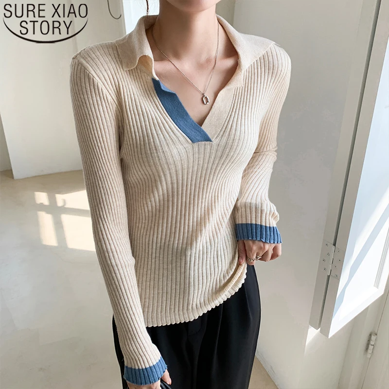 

Elegant Polo Collar Fashion Sweater Knitted Pullover Sweaters Autumn Chic Patchwork Women V Neck Slim Soft Women Tops Pull 17766
