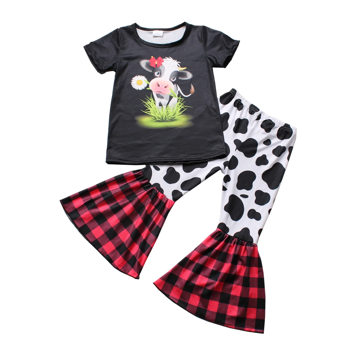 

Fashion Kids Girls Boutique Outfit Short Sleeve Cow Print Black Shirt With Bell Pants Cute Clothing Set Kids Wear