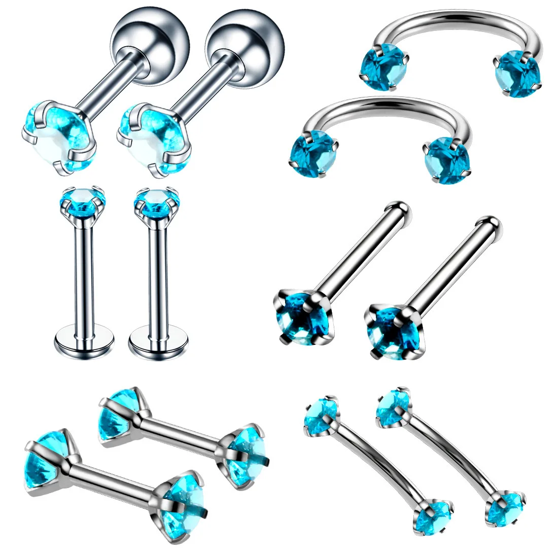 

12 Pcs Sets Stainless Steel Anti Allergy Personality Nose Stud Hoop Nostril Ring Ear Studs Labret Zircon Body Piercing