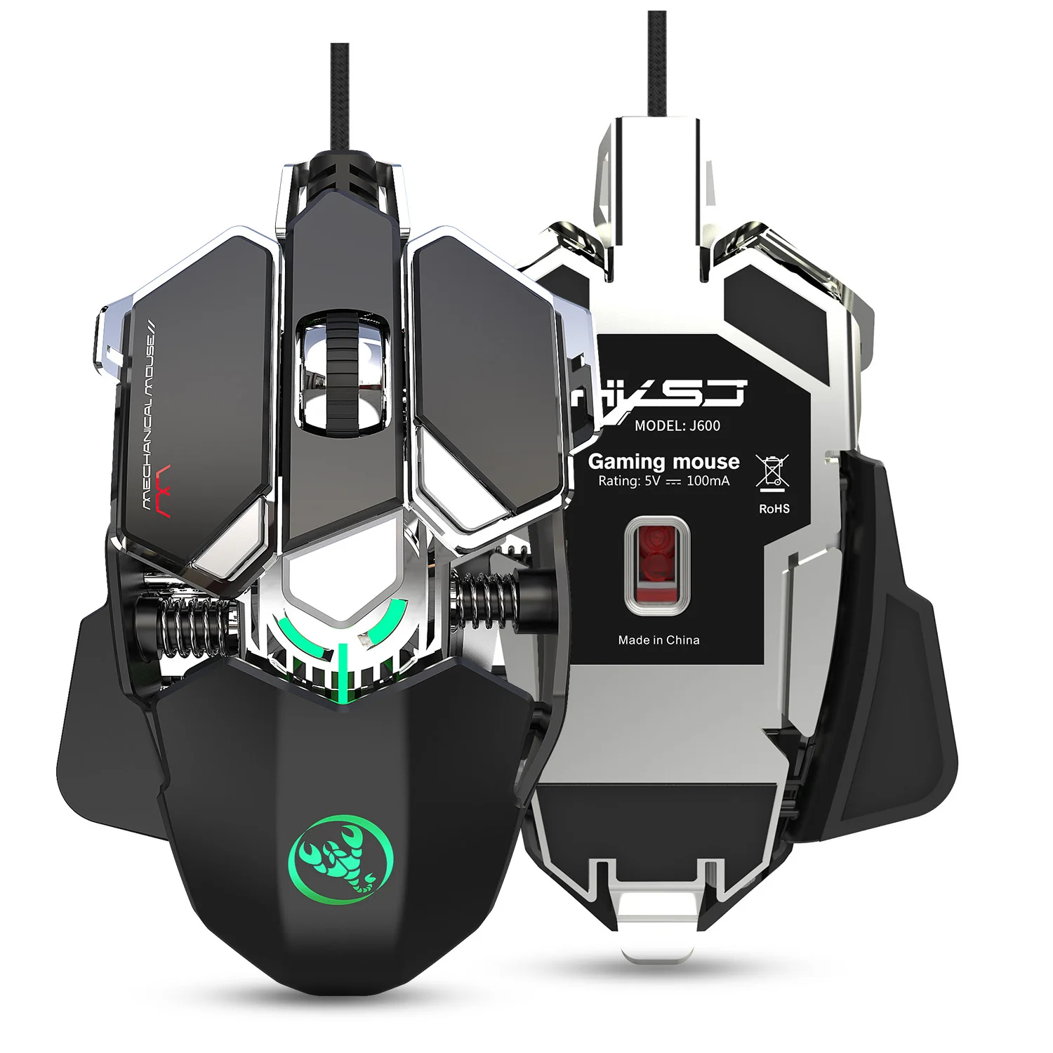HXSJ-ratón mecánico para juegos J600, Mouse programable con cable de 9 teclas, 6400DPI, pistola automática ligera y fresca para PUBG y PC