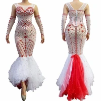 sparkly red crystal diamonds sexy long mermaid dresses women wedding evening gown mesh trailing dress stage dance costumes wear