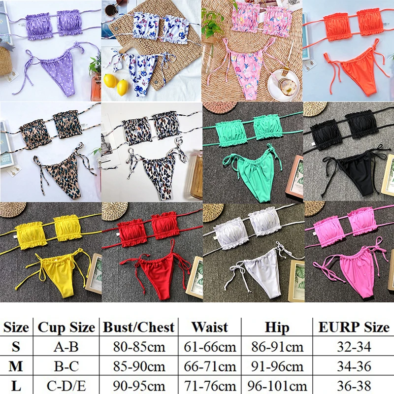 

Elegant Swimwear Women Off Shoulder Pleat Bikini Hollow Out Lace Up Bandgae Push Up Bathing Suit Thong Swimsuit Biquini