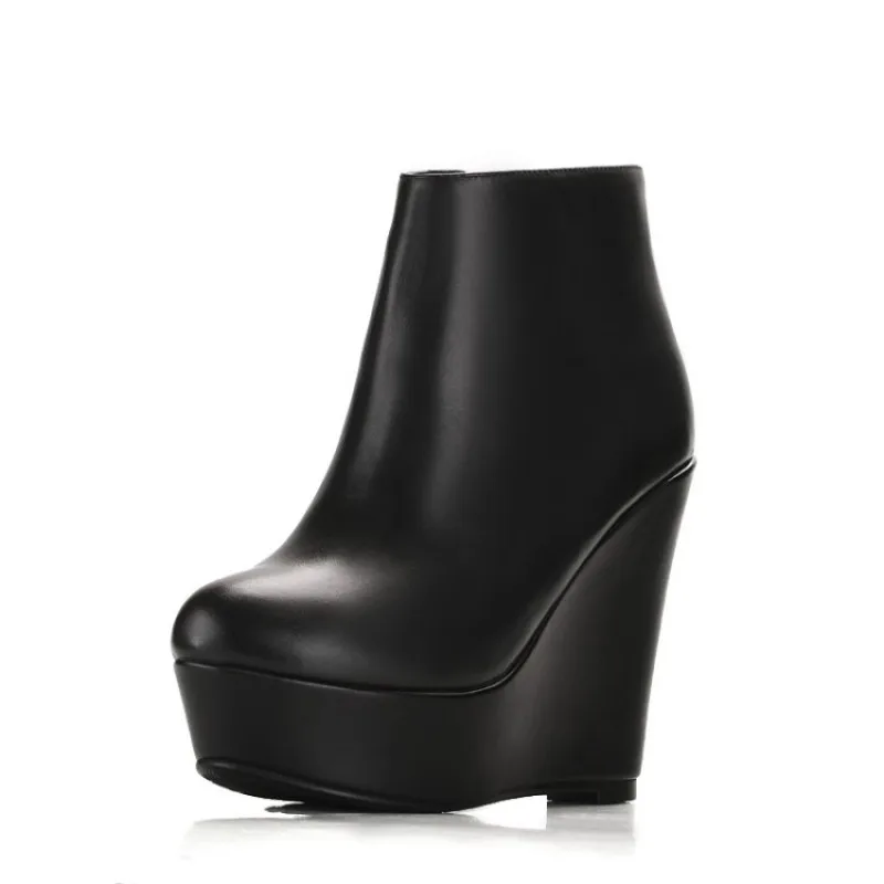 

Genuine Leather Women Boots 12cm High Heeled Wedges Ankle Boot Thick Platform Sexy Ladies Chelsea Boots SD003