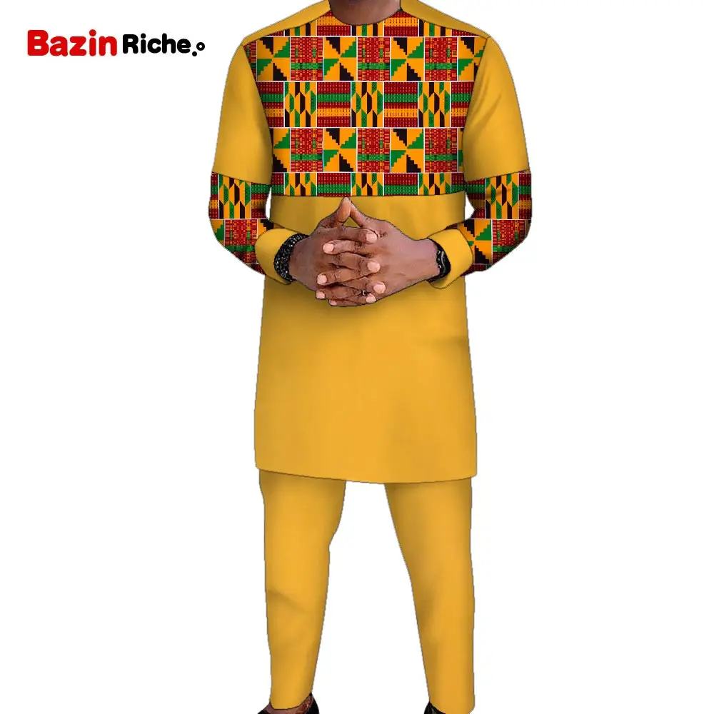 

New African Men Clothes Suit Dashiki Mens Top Pant 2 Pieces Outfit Set Riche Clothing For Men Shirt With Trouser Casual WYN1337