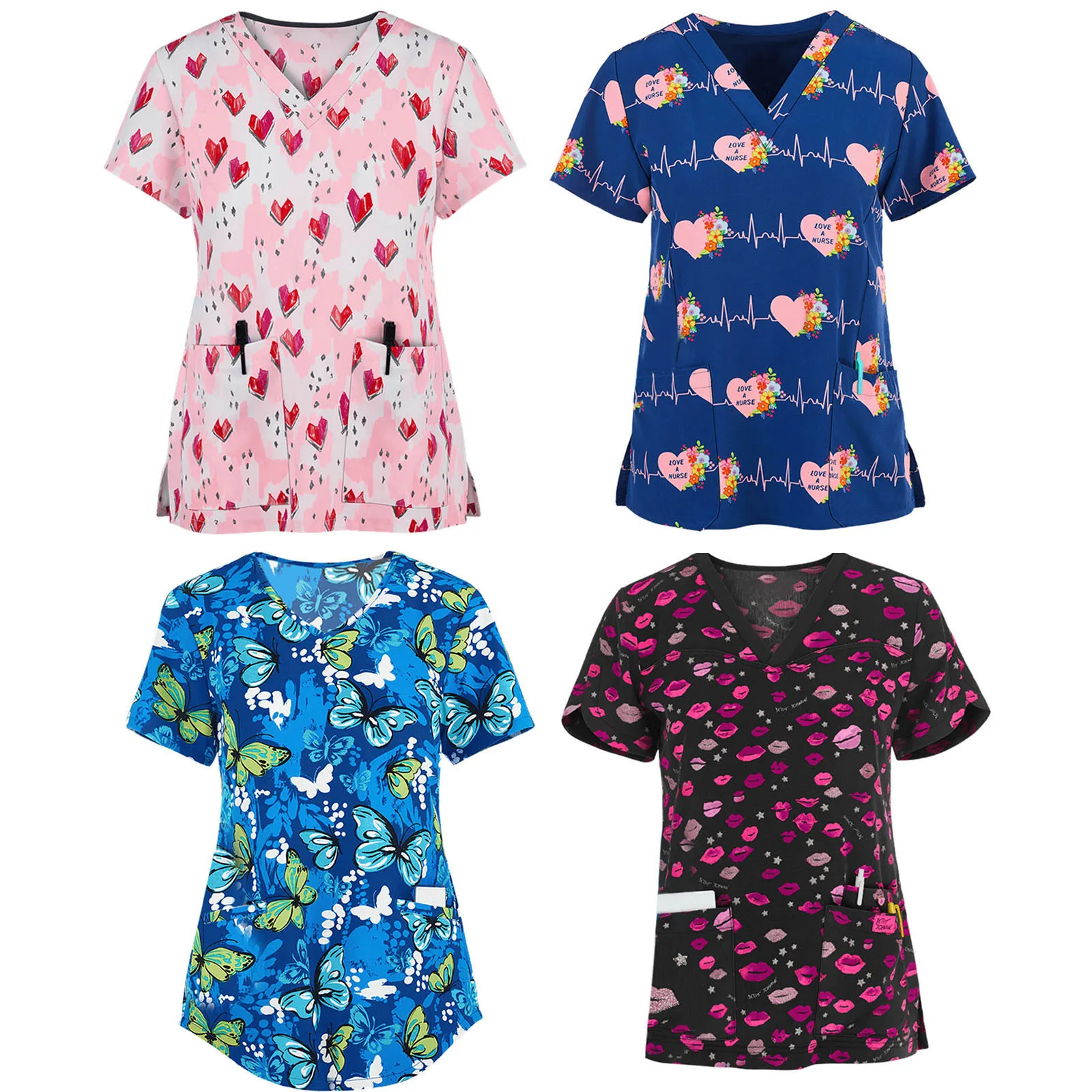 

Women Cute Short Sleeve V-Neck Printing Tops T-shirt Nursing Working Uniform Soft Plus Size Blouse 2021 Valentine Hot Blusa