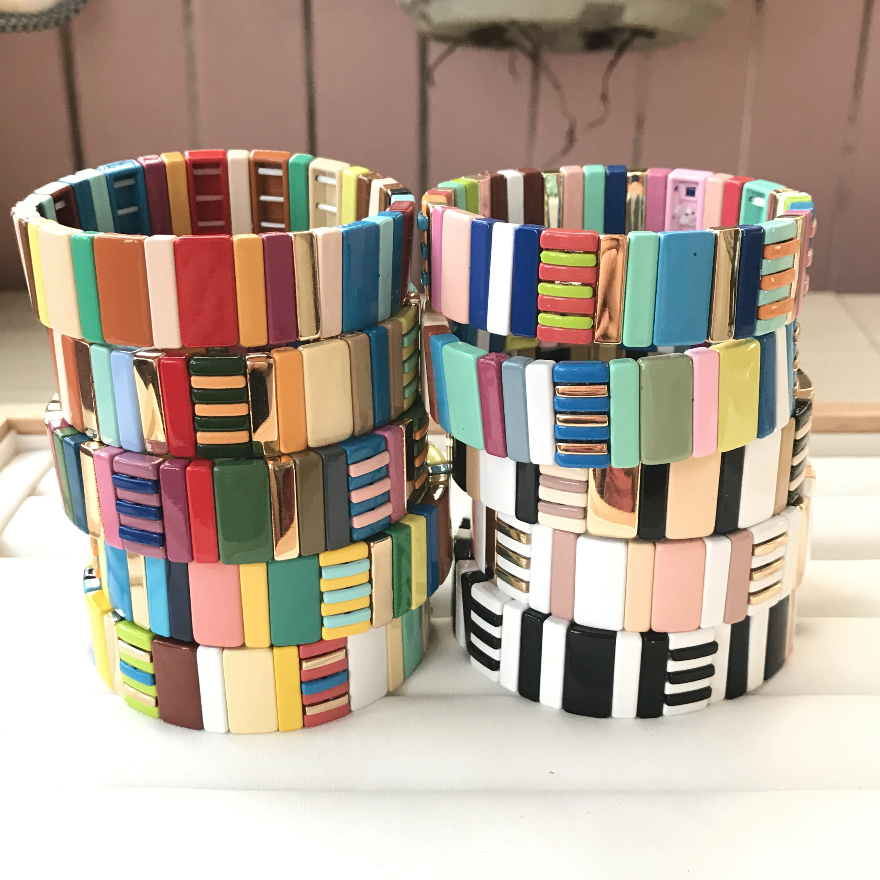 

Summer Color Enamel Tile Boho Bracelet,Colorblock Tila Bead Stretch Bracelet,Painted Brass Pulseira Fashion Women Jewelry QC2707