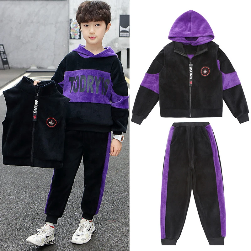 

Boys Clothes 3 Pcs Sets Thicken Fluff Hoodies Elastic Waist Pants Zipper Vest Coat Children Clothes Winter Warm Kids Boys Outfit