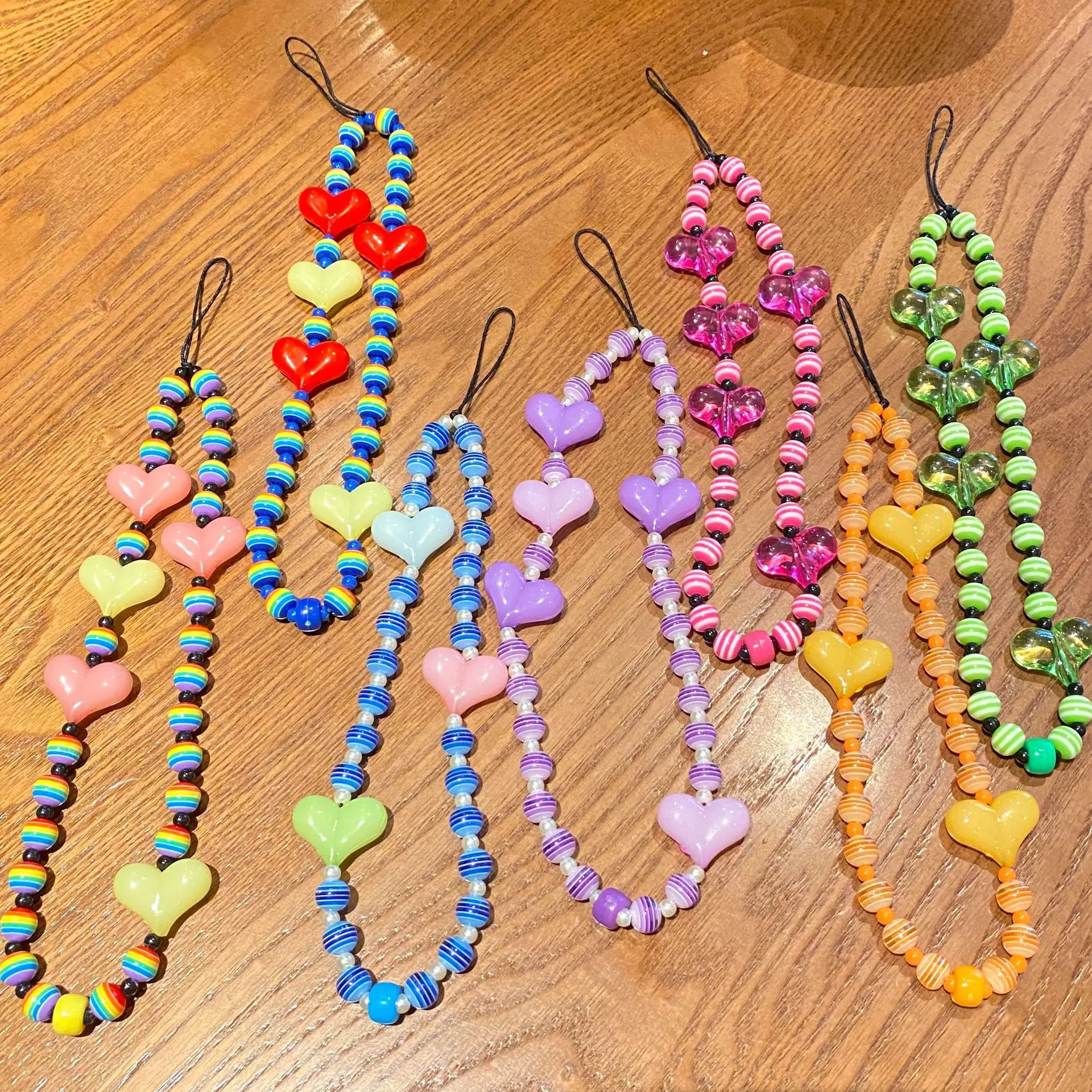 

MIIQNUS Acrylic Beads Heart Mobile Phone Chain Cellphone Charm Phone Strap Anti-lost Lanyard For Women Summer Accessories