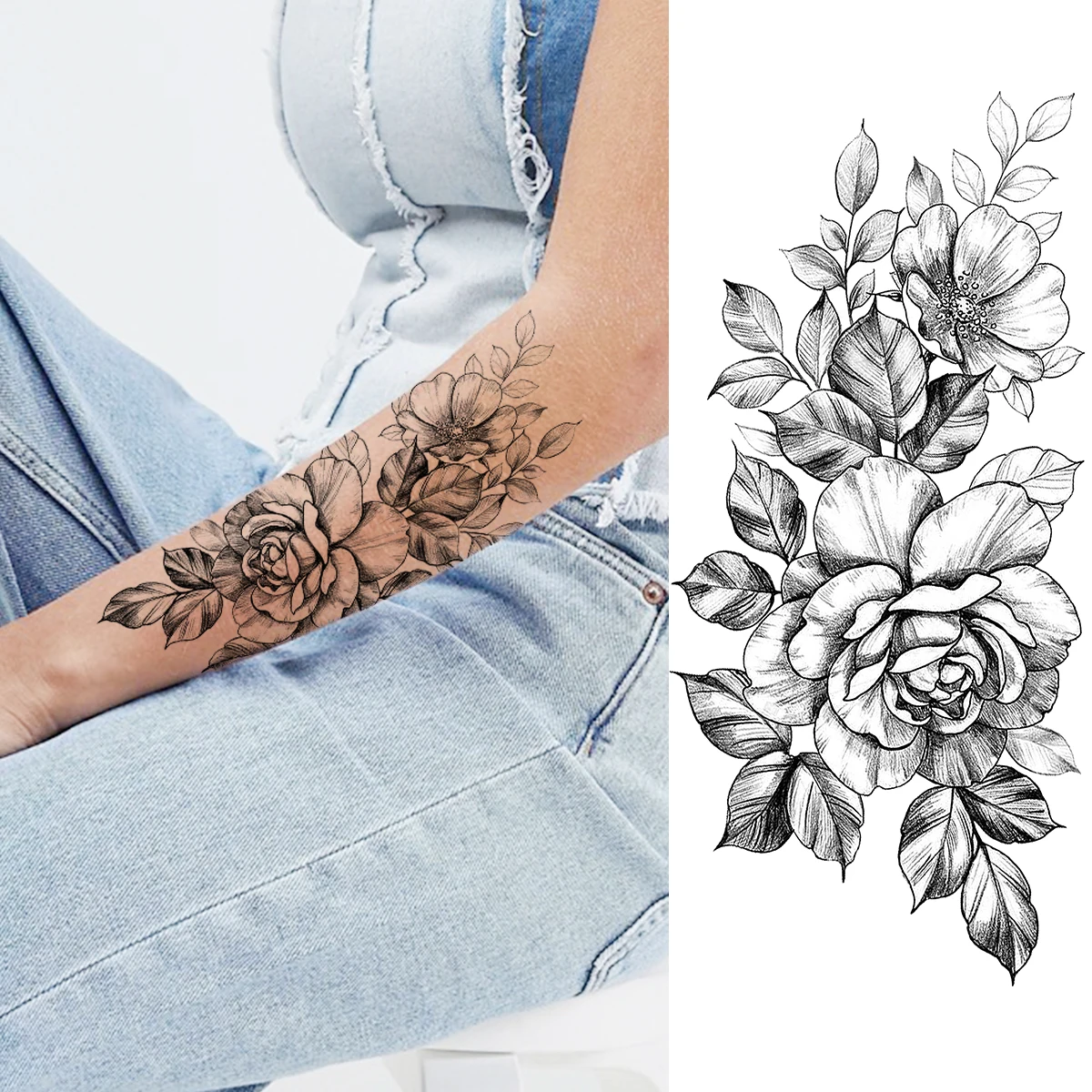 Временные татуировки с черными пионами для женщин Роза взрослых и девушек