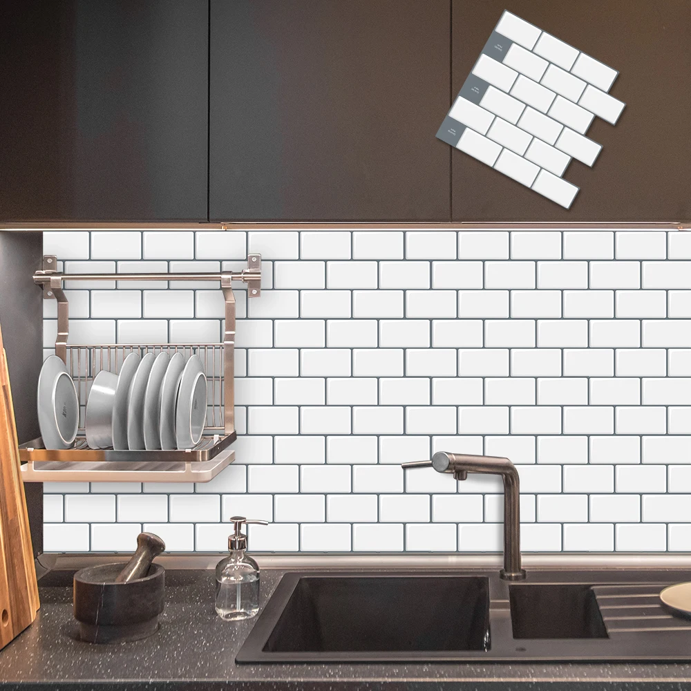 10 sheet peel and stick backsplash 12 in x 12 in subway self adhesive kitchen tiles mono white with gray grout free global shipping