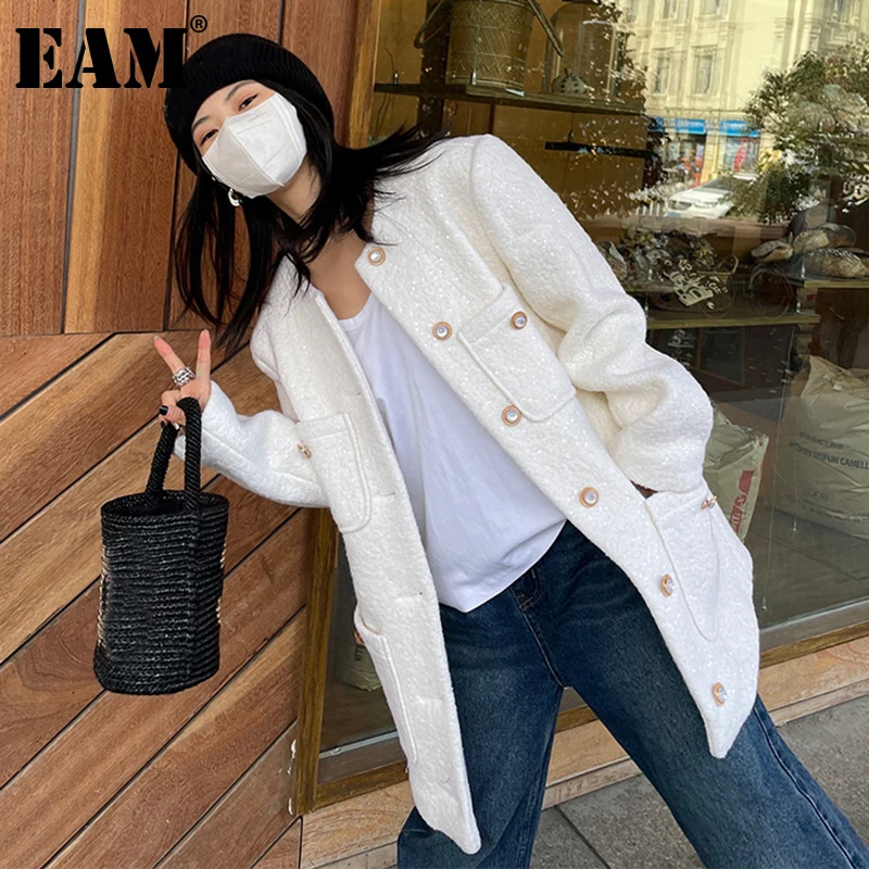 

[EAM] Loose Fit White Tweed Big Size Elegant Woolen Coat Parkas New Long Sleeve Women Fashion Tide Autumn Winter 2022 1DE4447
