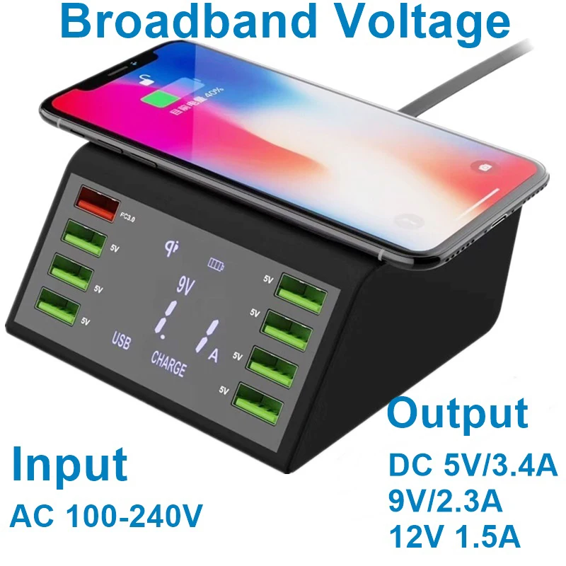 60 Вт USB Quick Зарядное устройство 8-Порты и разъёмы светодиодный Дисплей Быстрая зарядка 3,0 быстрая Зарядное устройство рабочего стола 10 Вт Беспроводная зарядная станция зарядка через usb паяльная станция
