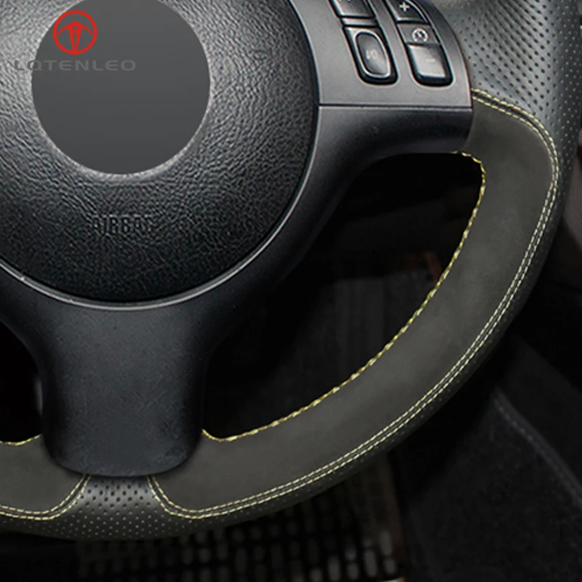 

LQTENLEO Black Genuine Leather Suede Car Steering Wheel Cover for BMW M Sport E46 330i 330Ci E39 540i 525i 530i M3 M5 2000-2006