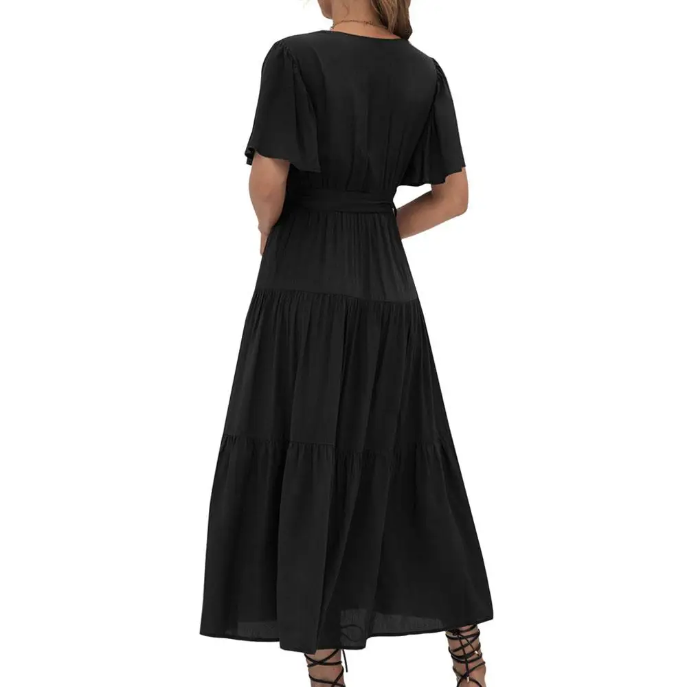 

Womens V Neck Maxi Dress Short Sleeve Summer Solid Color Long Wrapped Dresses Woman Clothes