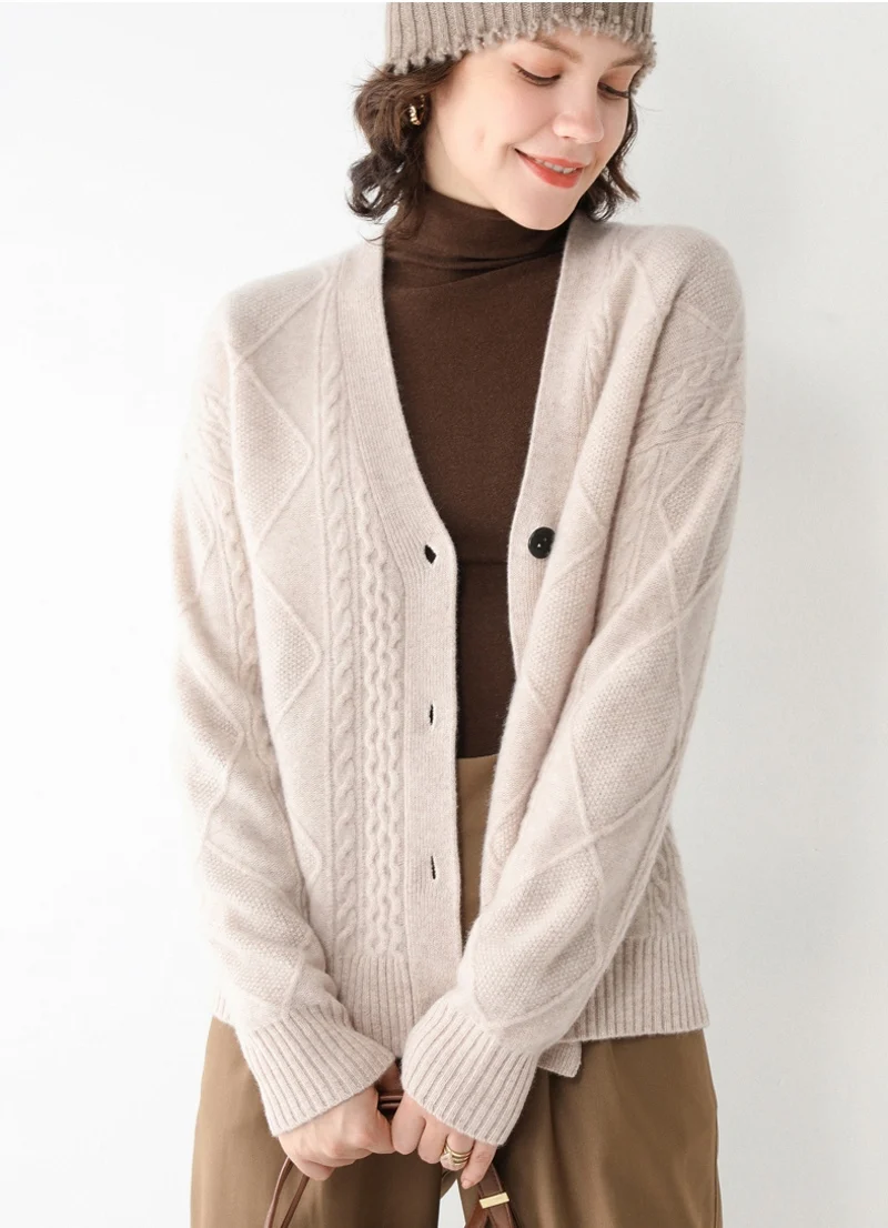 Women's 100% Real Wool Thick Type Buttons down Long Sleeve cableknit Sweater Cardigan Top Shirt YS008