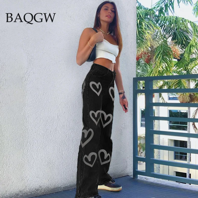 

Casual Printed Heart Straight Slim Jeans Vintage High Waist Trousers Women Fashion Harajuku Denim Pants Streetwear Plus Size 2XL