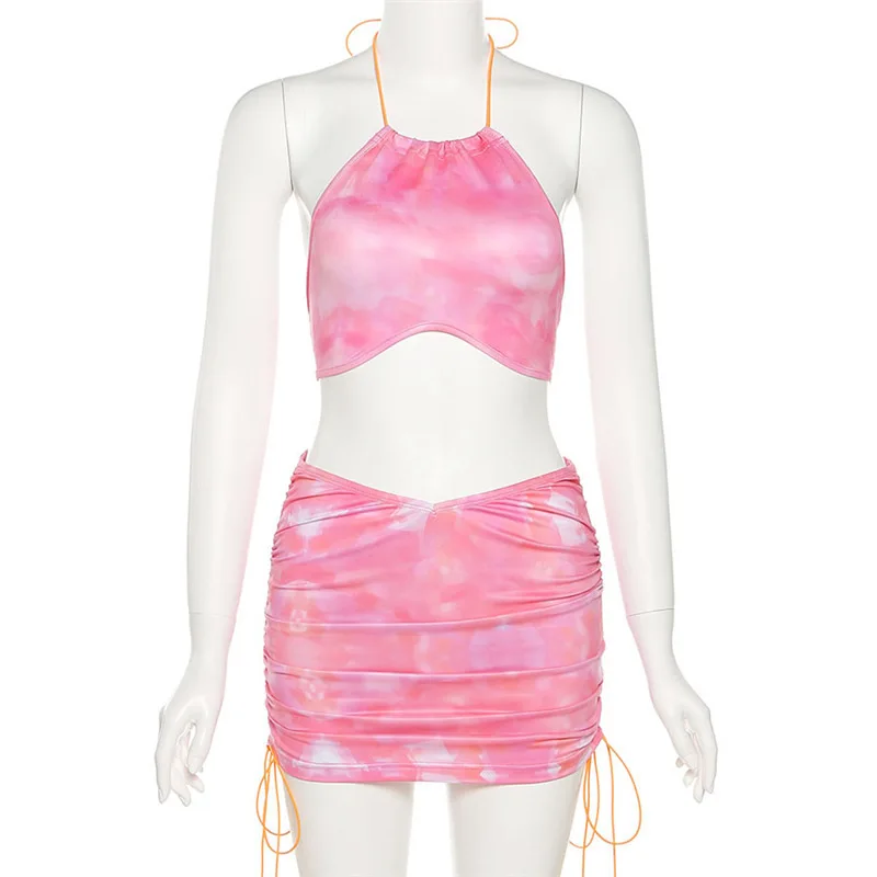

Summer Clothing Two-piece Set Women Sexy Backless Drawstring Sleeveless Corset Top Skirt Suits Club Outfit Streetwear Wholesale