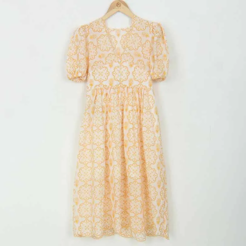 

2021 New Summer Women Maxi Dress Vintage Loose High Waist Slim Was Thin Elegant V-neck Hollow Out Puff Sleeve Dress chic floral