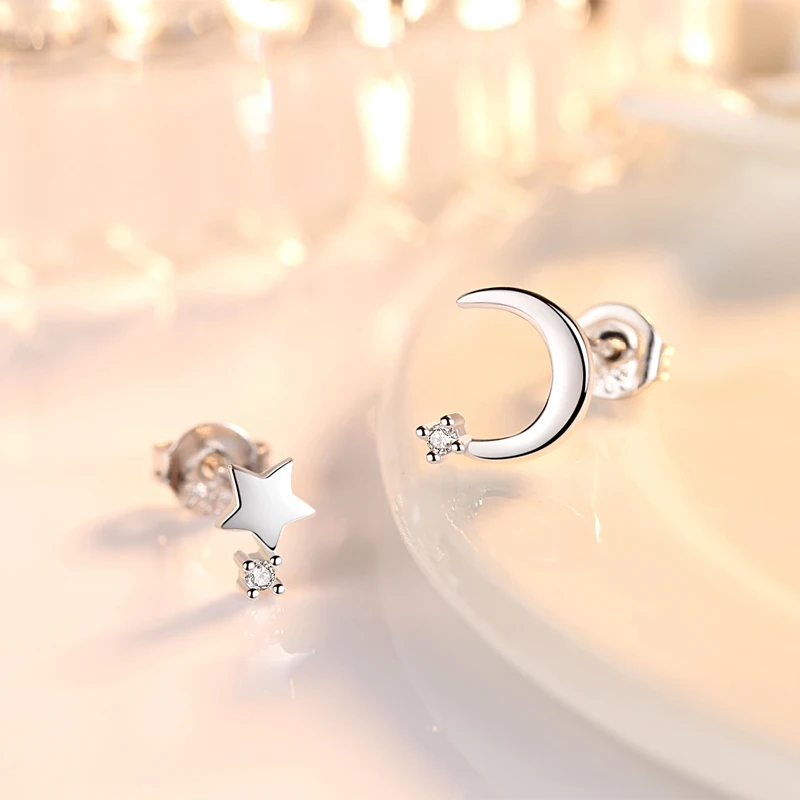 

925 Silver Rhinestone Star Moon Stud Earrings for Women Korean Minimalist Earrings Jewelry Accessories