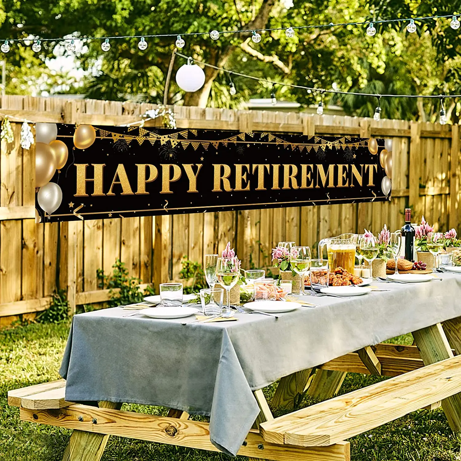 Gran feliz jubilaci&oacute;n decoraci&oacute;n Banner negro y oro feliz jubilaci&oacute;n signo Banner jubilaci&oacute;n suministros de decoraci&oacute;n de fiesta-4