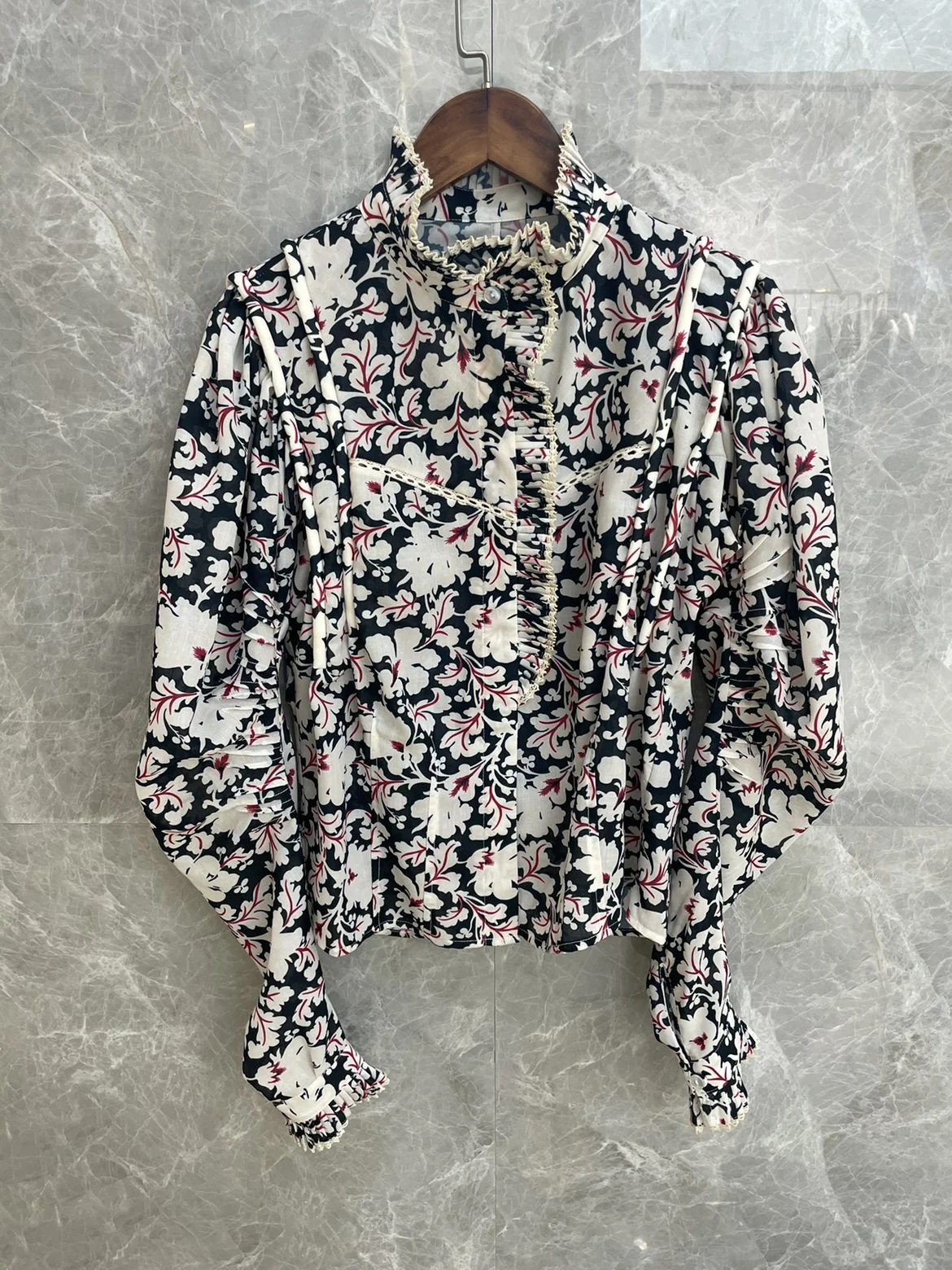 

Новинка осени 2021, винтажная рубашка с воротником с оборками и цветочным принтом, с рукавом-дужкой, для женщин