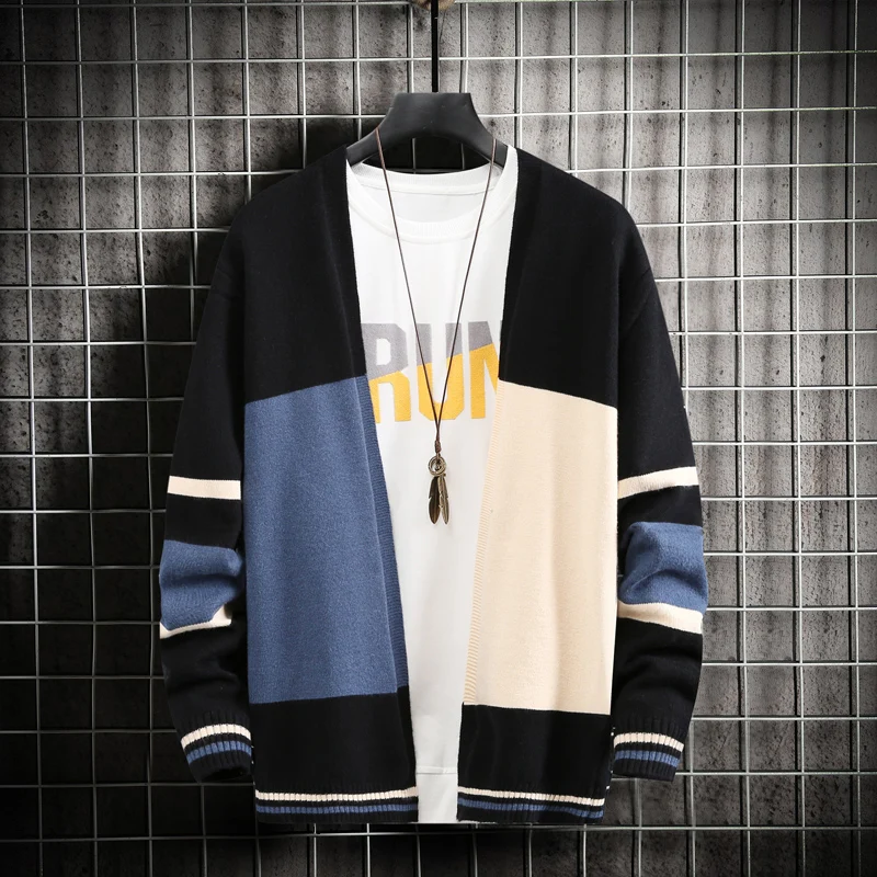 

Вязаный кардиган, мужской облегающий свитер, пальто, Новинка осени 2021, контрастный наружный свитер, тонкое пальто из ниток