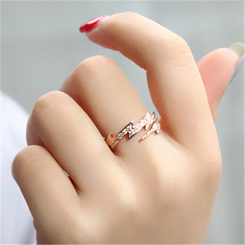 

Fashion trendy rose gold color lightning ring female opening adjustable inlaid zircon copper jewelry lover girlfriend gift