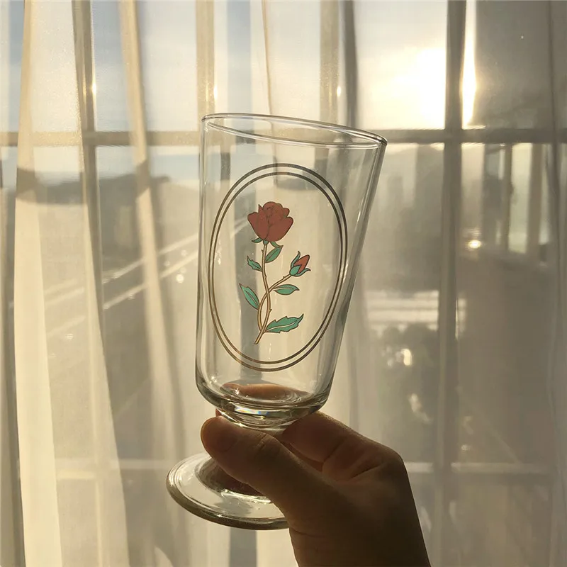 

Korean luxury retro rose Phnom Penh Flower Glass Vintage goblet coffee cup wine cup milk juice breakfast cup goblet