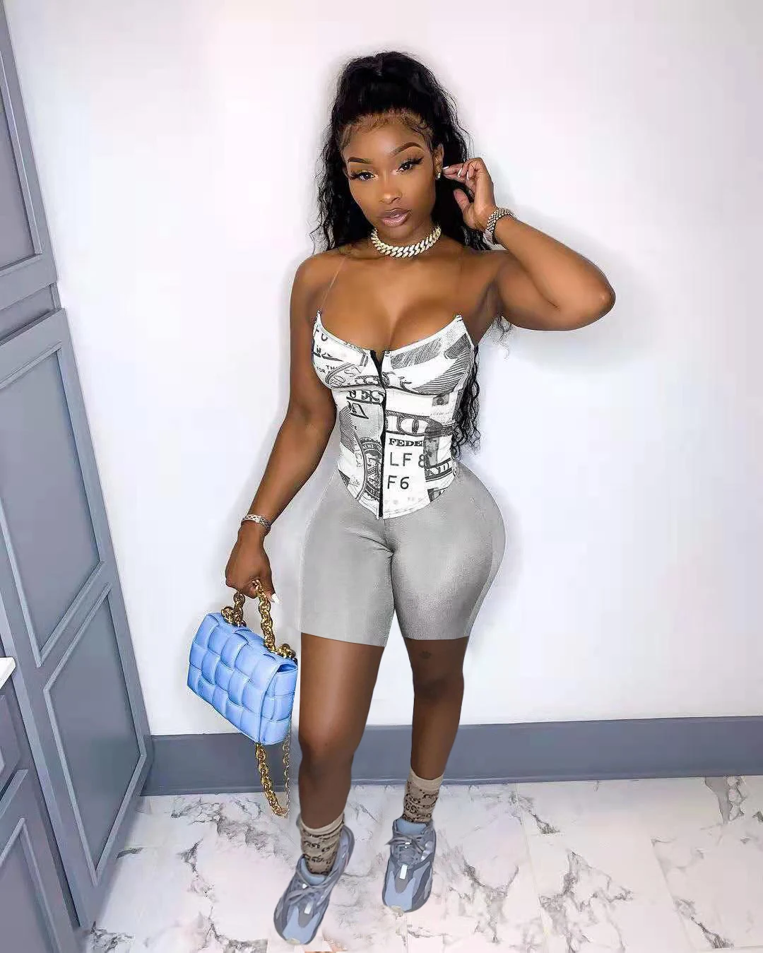 Уличная спортивный костюм Для женщин класс доллар США короткий топ с принтом и