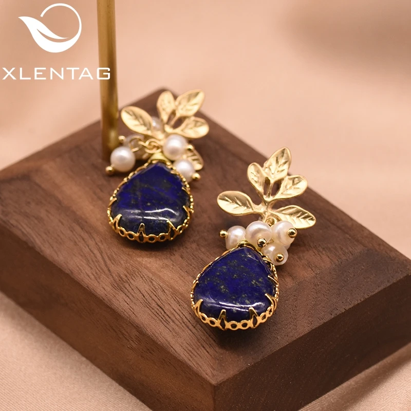 XlentAg Natural Fresh Water Baroque Pearl Drop Earrings Women Plant Leaves Dangle Earrings Luxury Handmade Fine Jewelry GE0308