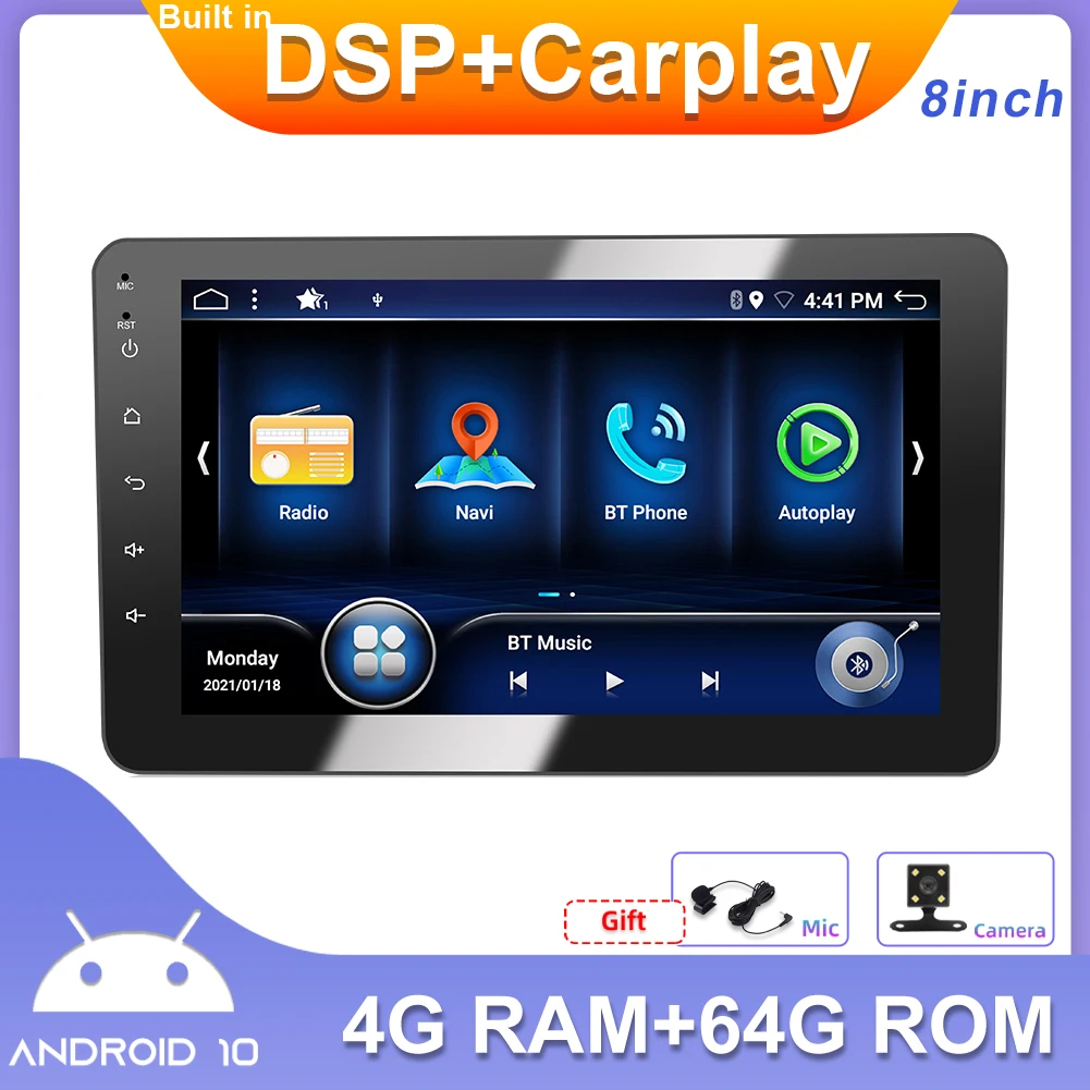 

Автомобильный мультимедийный проигрыватель, 8 дюймов, Android 10,0, 2 din, DSP, Carplay, 4 Гб + 64 ГБ, Bluetooth, Wi-Fi, RDS, MirrorLink