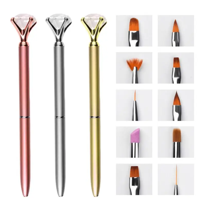 

10 In 1 Diamond Acrylic Nail Art Brush Kit Metal Handle Builder UV Gel Nail Polish Brushes Dotting Pen Nail New