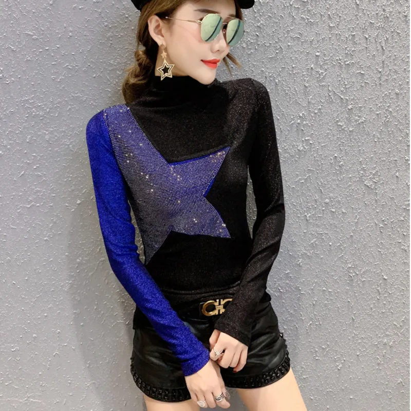 

#5645 черная, синяя Повседневная Базовая футболка, женский сексуальный блестящий топ с надписью и стразами, водолазка, футболка для женщин в с...