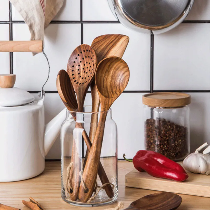 

7Pcs/set Thailand Teak Natural Wood Tableware Spoon Colander Spoon Special Nano Soup Skimmer Cooking Spoon Wooden Kitchen Tool