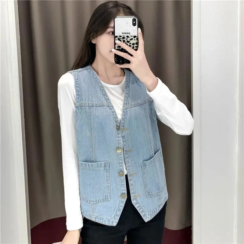 Жилет женский джинсовый однотонный повседневный жилет без рукавов джинсовое