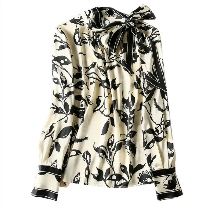 

and American women's European clothing 2021 New Style for Spring Long sleeved bow neck print Fashion silk shirt