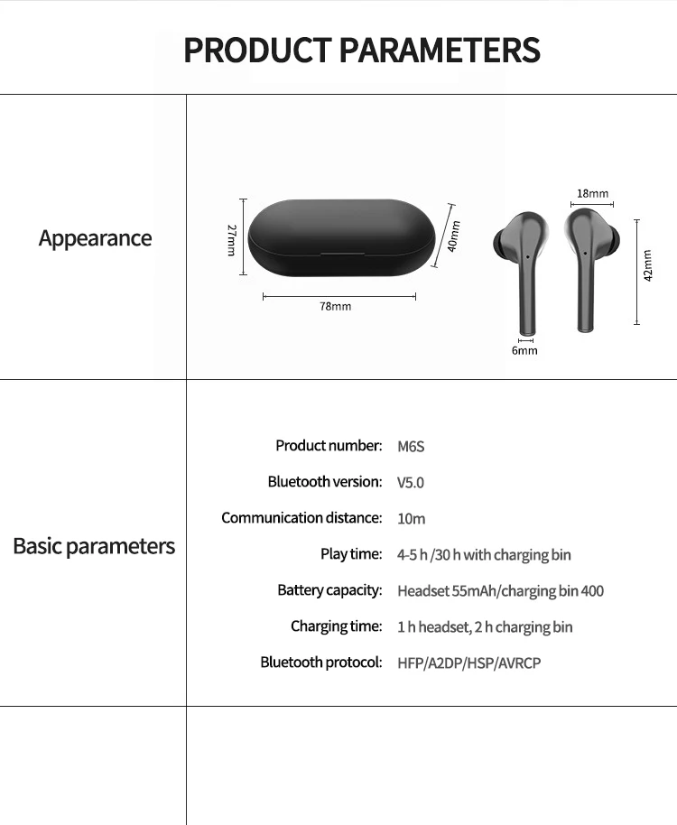 TWS bluetooth гарнитура 5,0 с двойным ухом, беспроводной частный режим, bluetooth гарнитура в ухо, двойной разговор, сенсорный, частный режим M6S