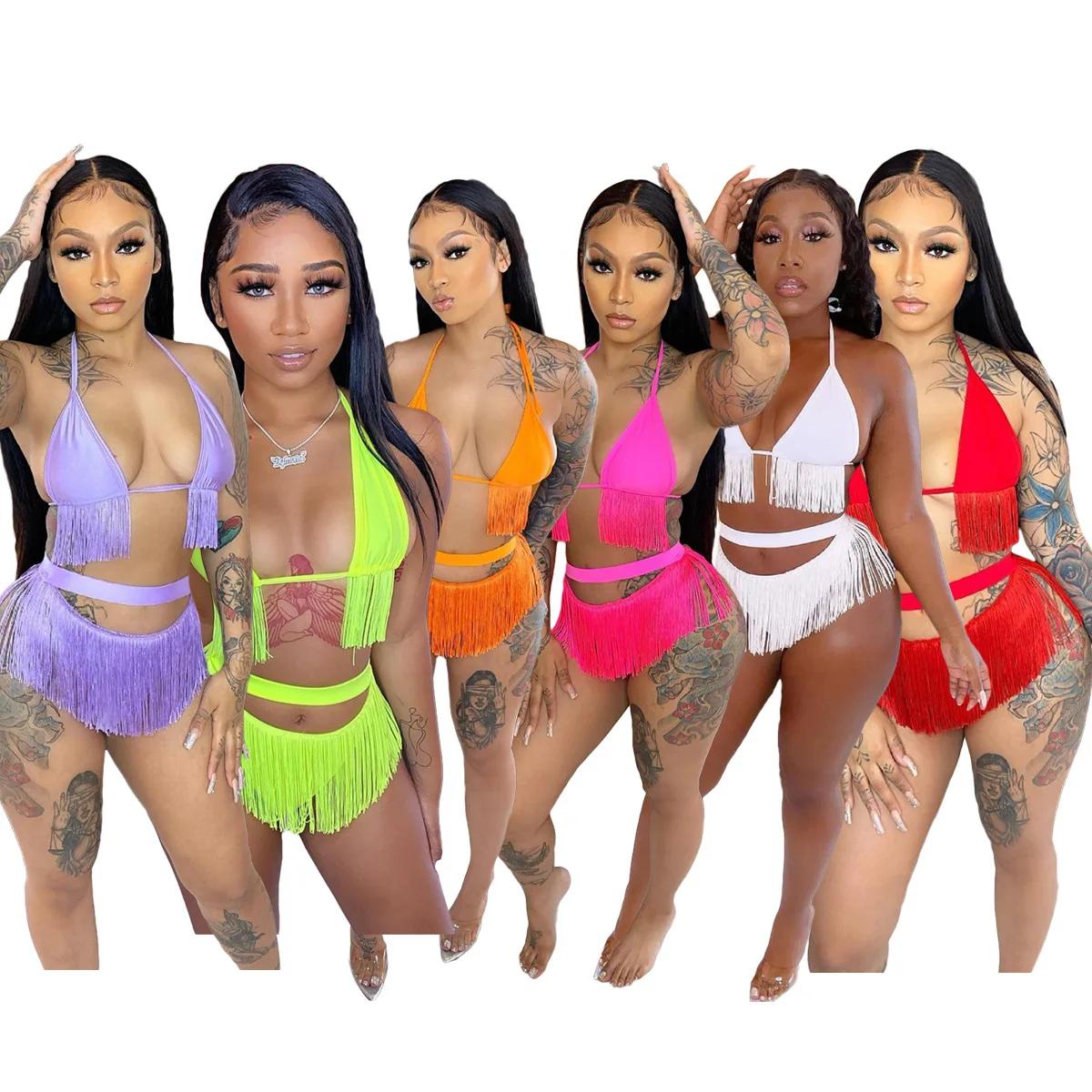 

Женские бикини с кисточками, 2 шт., на бретелях-спагетти, однотонные сексуальные женские купальники, пляжная одежда, праздничный открытый ку...