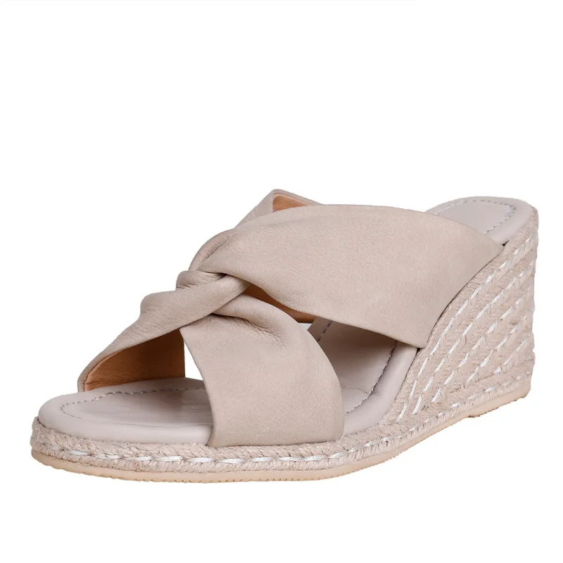 

Johnature Genuine Leather Summer Slippers 2021 New Wedges Outside Wear Slides Women Shoes Sewing Concise Leisure Ladies Slippers