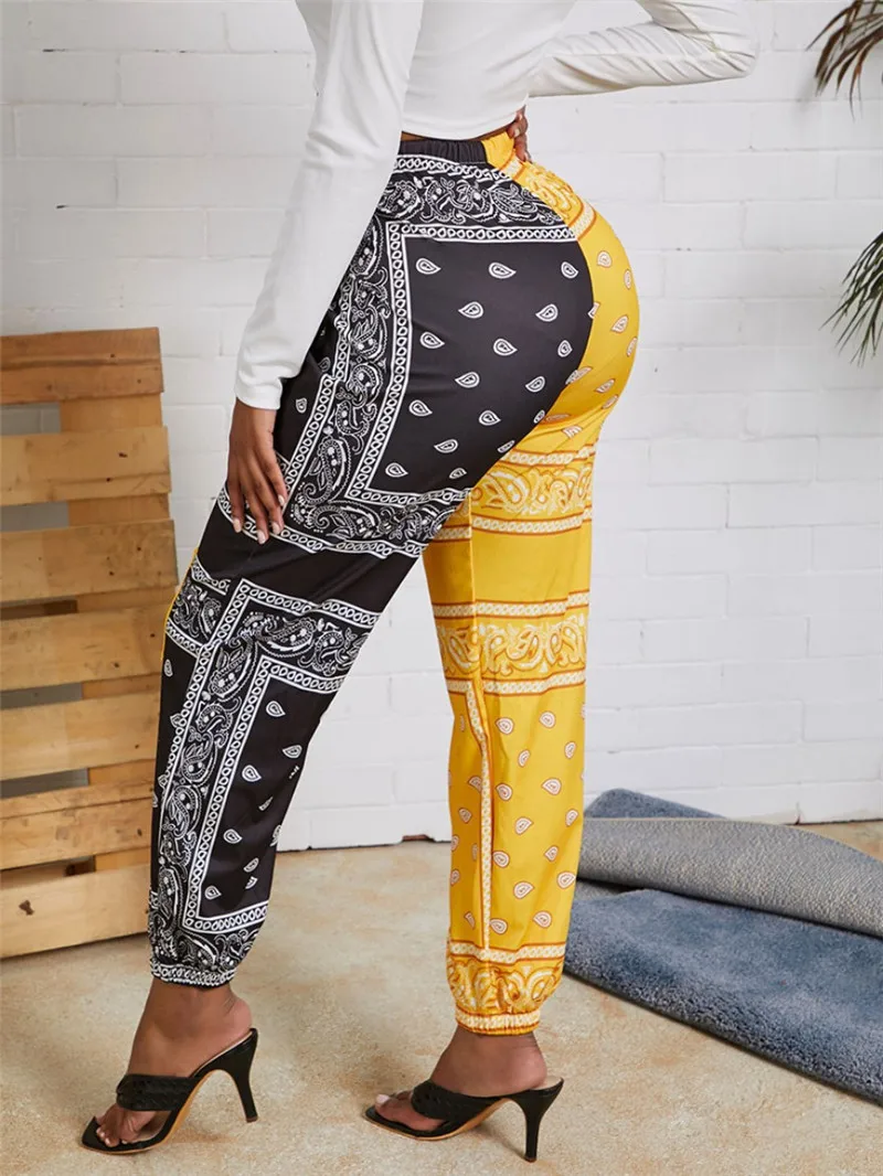

Adogirl Paisley Bandana Print Color Patchwork Women Casual Pants Fashion Loose Ankle Length Trousers