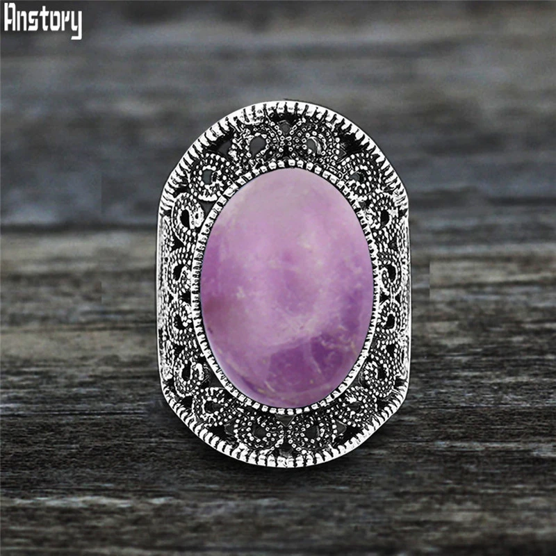 Полые цветок овальный Природный Фиолетовый Камень Кольца для Для женщин Винтаж