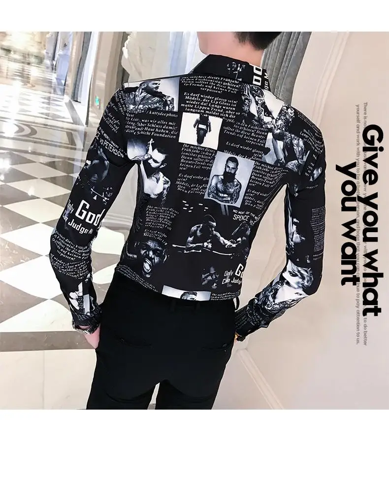 

Social Shirt for Men Luxury Character pattern Slim Long sleeve Mens Shirts Fashion Casual Blouse Men New