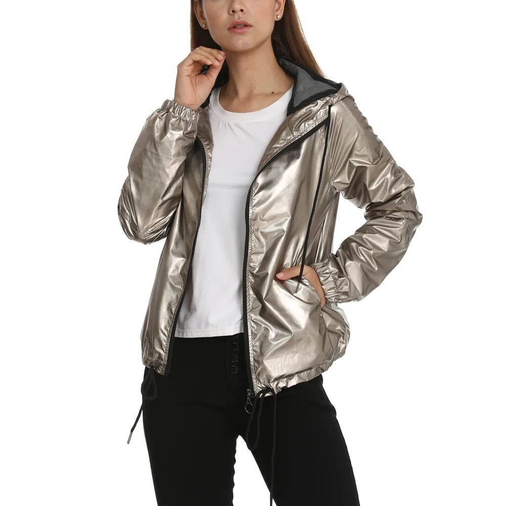 

Womens 2021 New Zip Up Waterproof Raincoat Women's Jackets Metallic Color Bomber Jacket Femme Outerwear Hooded Spring Khaki Gold