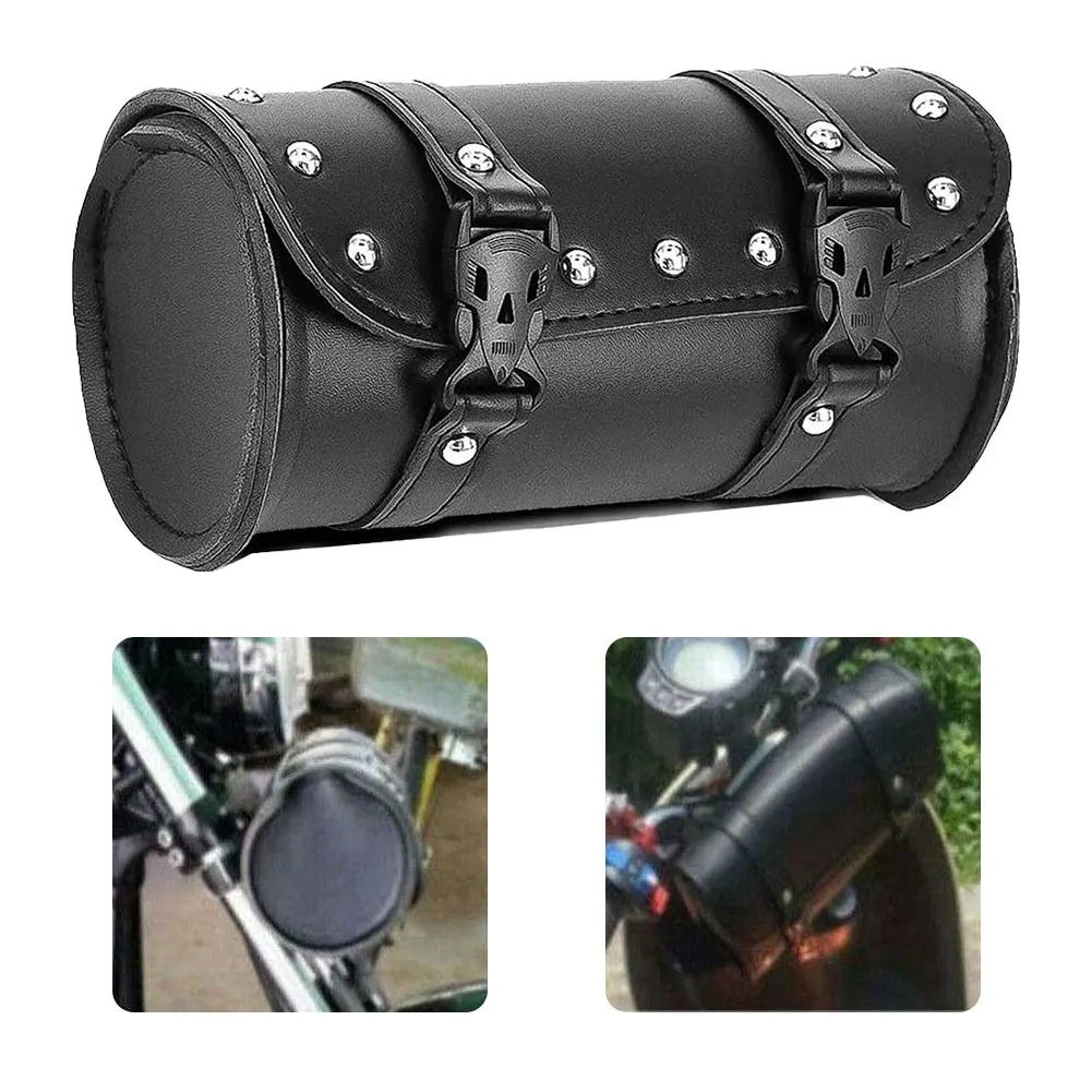 

Universal Black Motorcycle Tool Bag Front Fork Handlebar Saddlebag PU Leather Travel Pouch Front Luggage Bag with 2 Straps