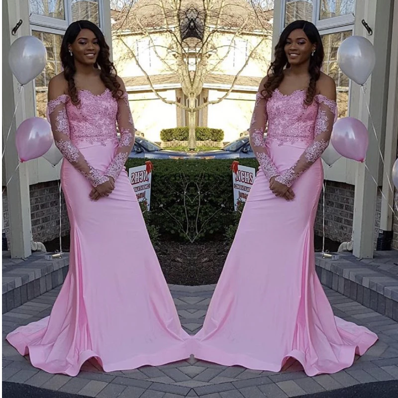 

Off The Shoulder Pink Mermaid Prom Dresses New Long Sleeve Lace Applique Sweep Strain Sweetheart Formal Evening Dress Party Gown